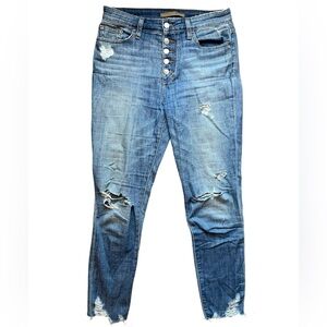 Joe’s Jeans 28 Hartley Distressed Button Fly High Rise Raw Ankle Skinny Denim